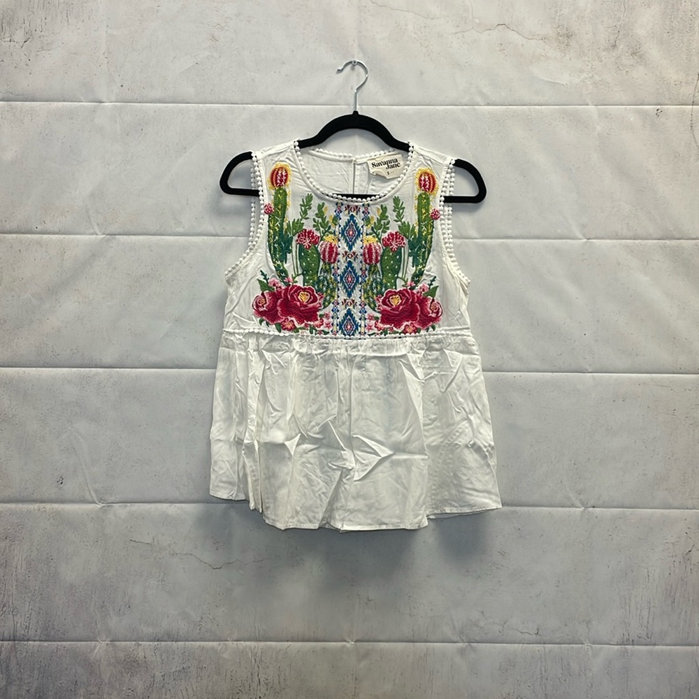 Savanna Jane, Floral Cactus Embroidered Babydoll Tank, Color White, (S)